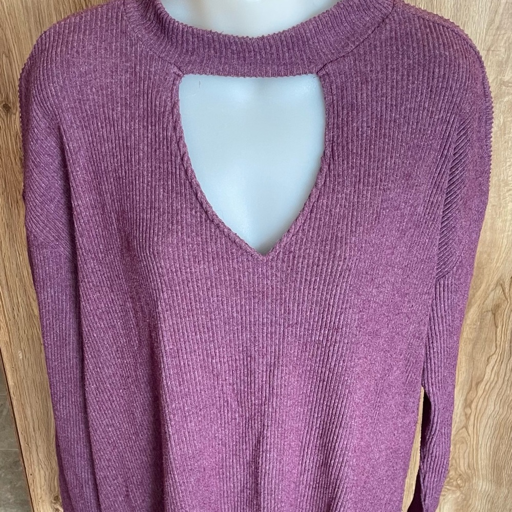 Terra & Sky Wine Ribbed Top Size 1X Womens Stretch Dropped Shoulder Keyhole
